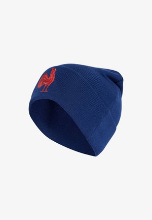 Beanie in maglione blu navy con ricamo di un gallo rosso sul lato. Texture morbida e vestibilità aderente progettata per calore e comfort.