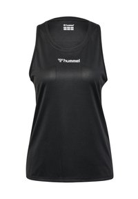 Black sleeveless athletic tank top made of textured fabric. Features a round neckline and a white "hummel" logo on the front.