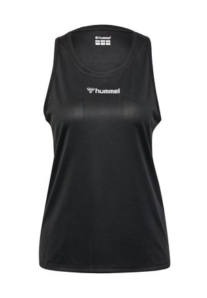 Black sleeveless athletic tank top made of textured fabric. Features a round neckline and a white "hummel" logo on the front.