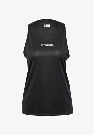 Schwarzes ärmelloses Sport-Tanktop aus strukturiertem Stoff. Verfügt über einen runden hals und ein weißes "hummel"-Logo auf der Vorderseite.