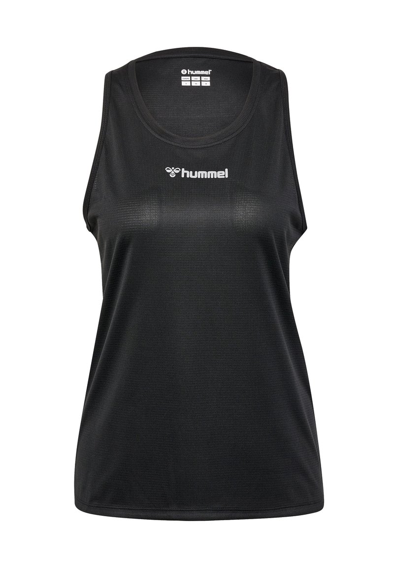 Black sleeveless athletic tank top made of textured fabric. Features a round neckline and a white "hummel" logo on the front.