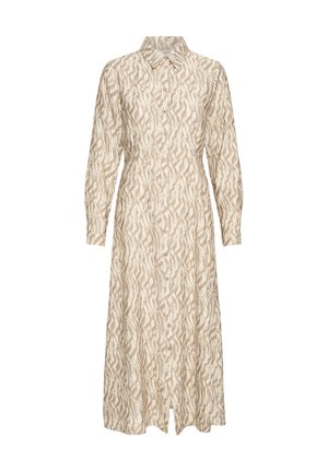 Vestito camicia lungo beige con bottoni sul davanti, maniche lunghe, colletto e motivo astratto ondulato marrone chiaro su fondo crema.