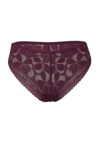 Mutande a vita alta in pizzo bordeaux con motivo floreale, bordi scallop e una texture trasparente. Vita elasticizzata per il massimo comfort.