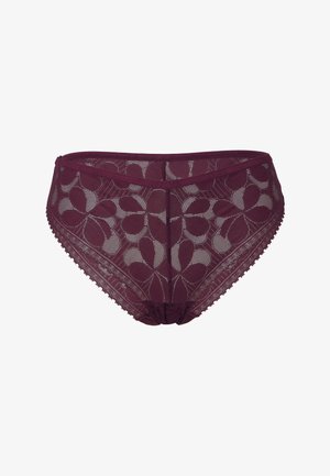 Mutande a vita alta in pizzo bordeaux con motivo floreale, bordi scallop e una texture trasparente. Vita elasticizzata per il massimo comfort.