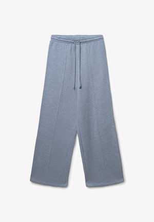 Grau strukturierte Sweatpants mit einem elastischen Bund und verstellbarem Kordelzug. Sie haben weite Beine und gerade Nähte an der Vorderseite.