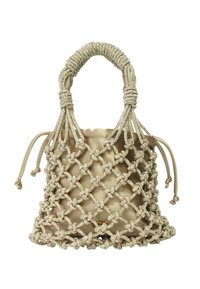 Borsa beige con perline e design a rete lavorata a maglia, con interno in raso e manici intrecciati. Chiusura con coulisse sulla parte superiore.