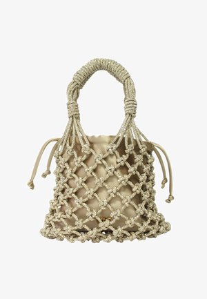 Borsa beige con perline e design a rete lavorata a maglia, con interno in raso e manici intrecciati. Chiusura con coulisse sulla parte superiore.