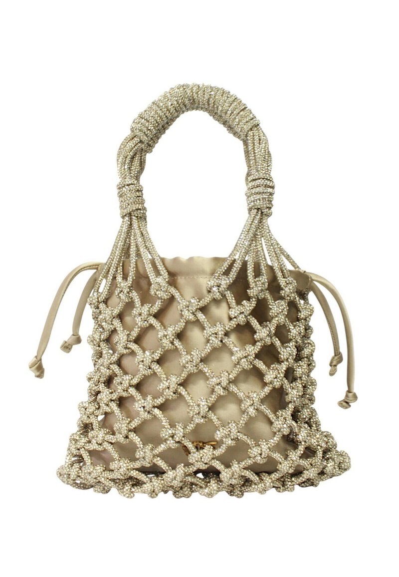 Borsa beige con perline e design a rete lavorata a maglia, con interno in raso e manici intrecciati. Chiusura con coulisse sulla parte superiore.