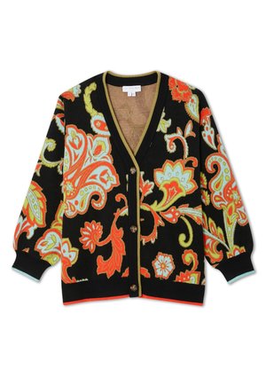 Black button-up cardigan with bright orange, yellow, and light blue large floral and paisley patterns and ribbed cuffs.