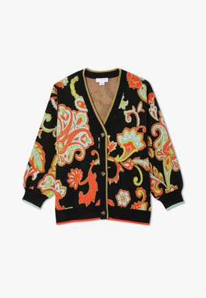 Black button-up cardigan with bright orange, yellow, and light blue large floral and paisley patterns and ribbed cuffs.