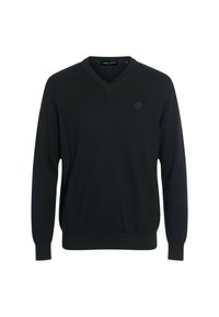 Maglione nero con scollo a V realizzato in materiale morbido. Presenta maniche lunghe, polsini a costine e un piccolo emblema con logo sul petto. Design classico.