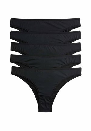 Schwarze Bikini-Slips mit niedrigem Bund, seitlichen Ausschnitten und glatter Textur mit einfachen, genähten Nähten. Fünf Paare in einem Stapel angeordnet.