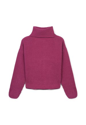 Magenta gestrickter Rollkragenpullover mit lässiger Passform, geripptem Kragen und übergroßen Ärmeln. Texturiertes Material mit einem gekürzten Saum.