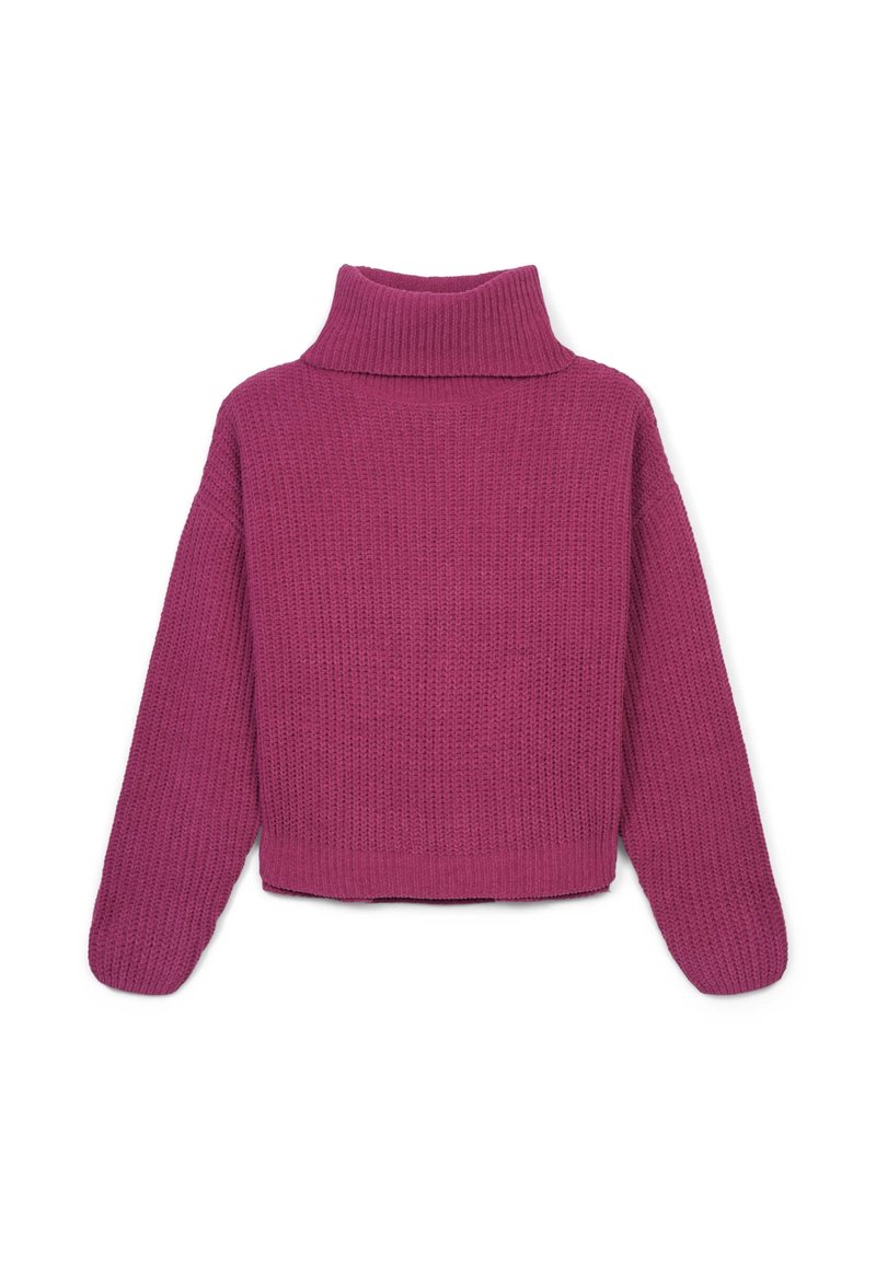 Magenta gestrickter Rollkragenpullover mit lässiger Passform, geripptem Kragen und übergroßen Ärmeln. Texturiertes Material mit einem gekürzten Saum.