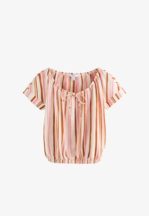 Rövid ujjú, vállvillantós blúz rózsaszín, barna és fehér függőleges csíkokkal, rugalmas szegéllyel és elöl kötős díszítéssel.