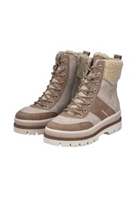 Brązowe zamszowe buty z sztucznym futerkiem na kołnierzu, wyściełanym językiem i teksturowanymi sznurowadłami. Gruba biała podeszwa z rowkami trakcyjnymi. Zamek błyskawiczny z boku dla łatwego zakładania.
