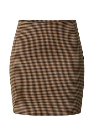 Bruin en zwart geblokt mini-jurk met een strakke pasvorm, zachte textuur en hoge taille. Bevat een schone zoom en geen zichtbare sluitingen.