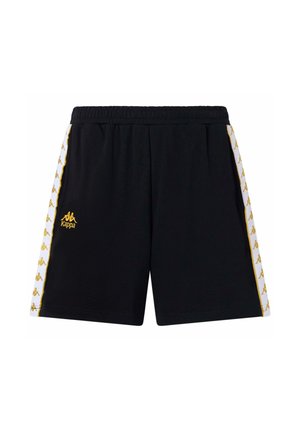 Shorts de sport noirs avec une ceinture élastique, présentant des bandes blanches sur les côtés avec des accents de logo jaunes. Fabriqués en matériau léger et respirant.