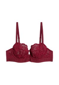 Burgunderfarbene Spitzen-Bügel-BH mit floralen Mustern, verstellbaren Schulterträgern und gewellten Kanten.