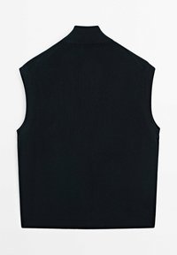 Svart ärmlös tröja med hög krage, ribbad textur och sidöppningar, med en ren och enkel design utan mönster.