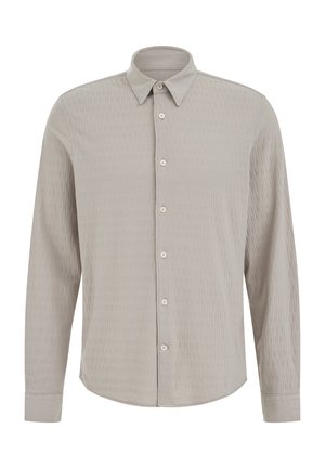 Chemise gris clair en tissu texturé, dotée d'un col, de manches longues et de cinq boutons sur le devant avec un ourlet arrondi.
