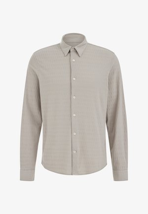 Sivo-svijetla košulja na kopčanje od teksturiranog materijala, s ovratnikom, dugim rukavima i pet dugmadi sprijeda s zakrivljenim rubom.