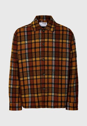 Rjava karo s oran žnimi, rumenimi in modrimi poudarki, z ovratnikom in gumbi spredaj, izdelana iz teksturirane tkanine.