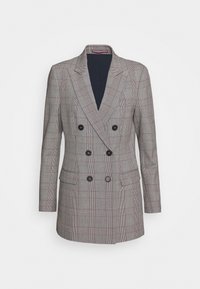 Blazer de cuadros gris de doble botonadura con solapas de picos, dos bolsillos frontales y botones negros. Textura suave y corte entallado.