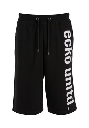 Pantaloni corti neri in cotone con vita elastica e cordino. Presentano una stampa grafica bianca "ecko unlted." lungo il lato sinistro.