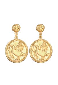 Guldtonade örhängen med runda skivor som har en fågeldesign, texturerad yta och lager av cirkulära kanter. Fästa med en liten rund stift.