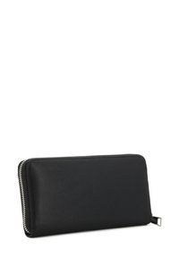 Portafoglio nero con cerniera, realizzato in materiale sintetico testurizzato, caratterizzato da una finitura liscia e da una cerniera argentata lungo il bordo.