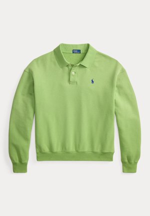 Svetlozelený dlhý rukáv polo sveter s rebrovanými manžetami a lemom, s dvoma gombíkmi na zapínaní a malým modrým vyšívaným logom na ľavej strane hrude.