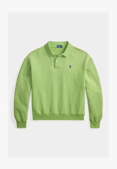 Lysegrøn langærmet polo-sweater med ribbede manchetter og kant, to-knaps åbning og lille blå broderet logo på venstre bryst.