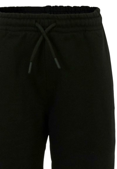 Zwarte sweatpants met een elastische tailleband en koord. Zacht materiaal met een gladde textuur. Geen zichtbare patronen of accenten.