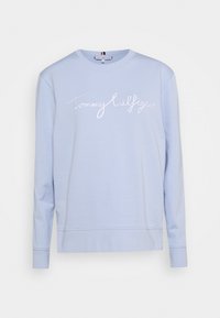 Světle modrá mikina vyrobená z měkké bavlny s dlouhými rukávy, kulatým výstřihem a bílým vyšívaným logem "Tommy Hilfiger" přes hruď.