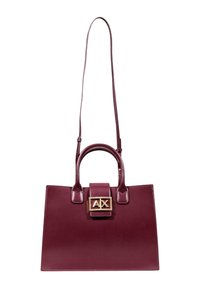 Borsa a mano in ecopelle bordeaux con design strutturato, doppio manico e chiusura dorata con le lettere "AX" sul davanti.