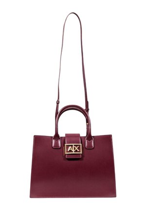 Borsa a mano in ecopelle bordeaux con design strutturato, doppio manico e chiusura dorata con le lettere "AX" sul davanti.