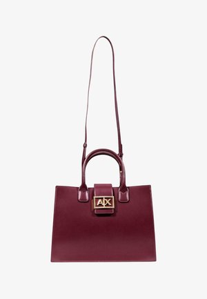 Borsa a mano in ecopelle bordeaux con design strutturato, doppio manico e chiusura dorata con le lettere "AX" sul davanti.