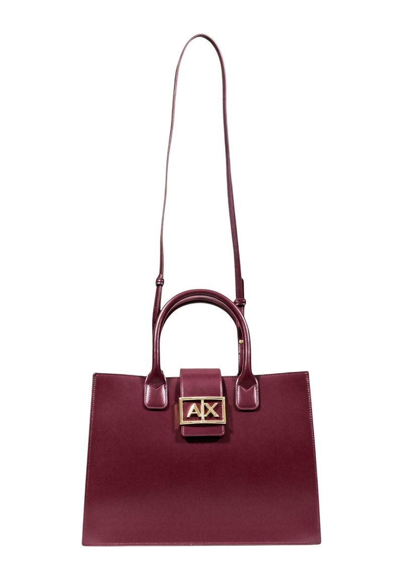 Borsa a mano in ecopelle bordeaux con design strutturato, doppio manico e chiusura dorata con le lettere "AX" sul davanti.