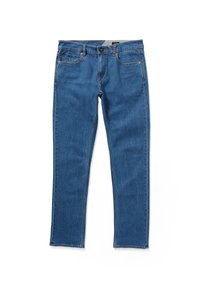 Jean en denim bleu avec une coupe slim, cinq poches, passants de ceinture et un délavage léger avec des nuances subtiles. Le tissu a une texture lisse.