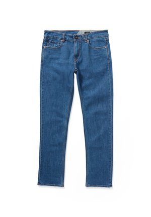 Blauwe denim jeans met een slim fit, vijf zakken, lussen voor een riem en een lichte wassing met subtiele vervaging. De stof heeft een soepele textuur.
