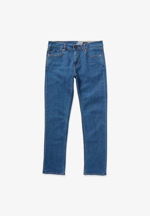 Blå denim jeans med slim fit, fem lommer, bæltestropper og en lys vask med subtilt slid. Stoffet har en glat tekstur.