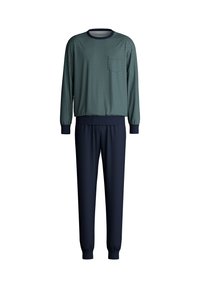 Sweatshirt- und Hosen-Set in Dunkelblau und Grün. Das Oberteil hat ein Gittermuster und eine Tasche; die Hose hat einen elastischen Bund und Bündchen.