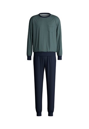 Sweatshirt en broekset in donkerblauw en groen. Het bovenstuk heeft een ruitpatroon en een zak; de broek heeft een elastische tailleband en boorden.