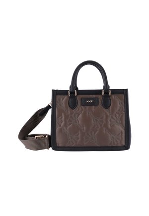 Brown quilted handbag with black leather accents, dual top handles, and adjustable fabric shoulder strap. Features logo and floral pattern.