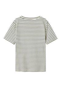 Stribet kortærmet t-shirt i creme med sorte vandrette striber. Rund halsudskæring, blød tekstur og afslappet pasform. Bagperspektiv vist.