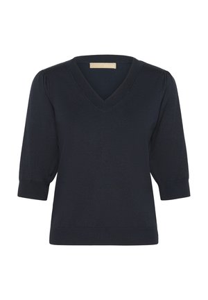 Tumesinist värvi kudumiskampsun V-kaelusega, kolmeveerandvarrukatega ja soonikäärega, sileda tekstuuri ja minimalistliku disainiga.