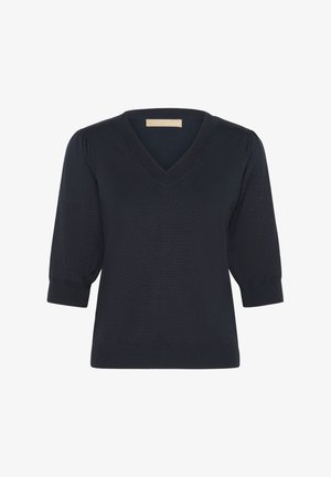 Pull en maille bleu marine avec un col en V, des manches trois-quarts et des poignets côtelés, présentant une texture lisse et un design minimaliste.