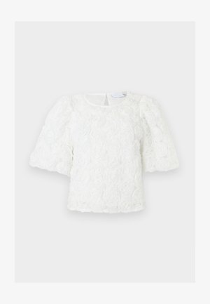 Bílá blůza s texturovaným květinovým vzorem, nafouklými polodlouhými rukávy, kulatým výstřihem a zapínáním na knoflíky na zádech.