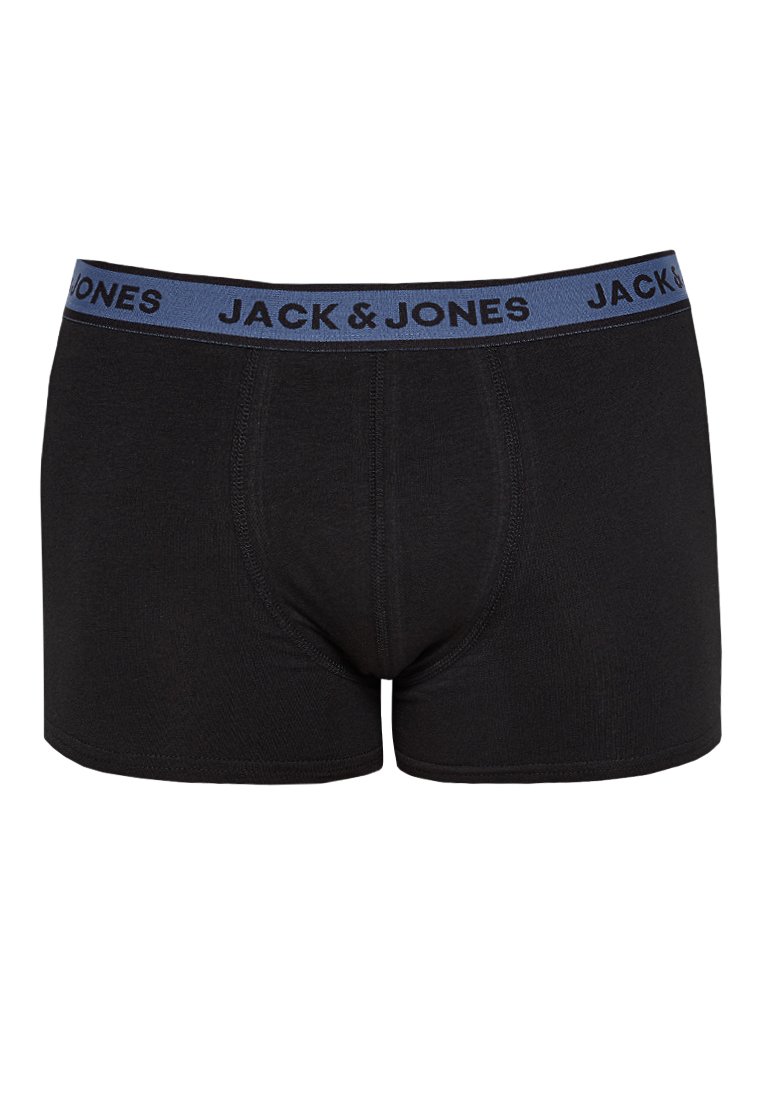 Boxer shorts negros con una cintura azul que presenta el nombre de la marca "JACK & JONES" en letras negras. Textura de tela suave, diseño ajustado.